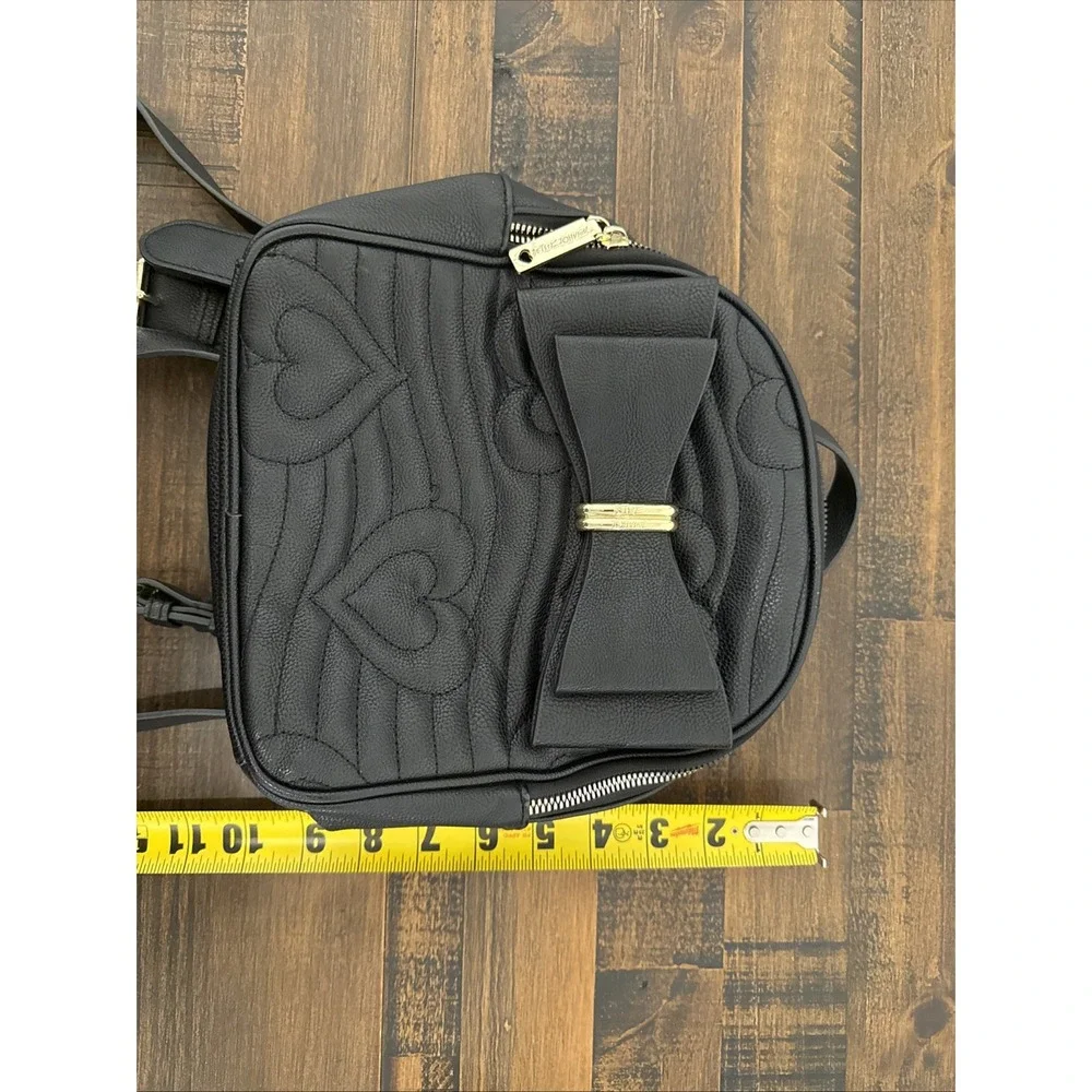 Betsey Johnson Black Quilted Heart Bow Mini Backpack Purse Gold Accents